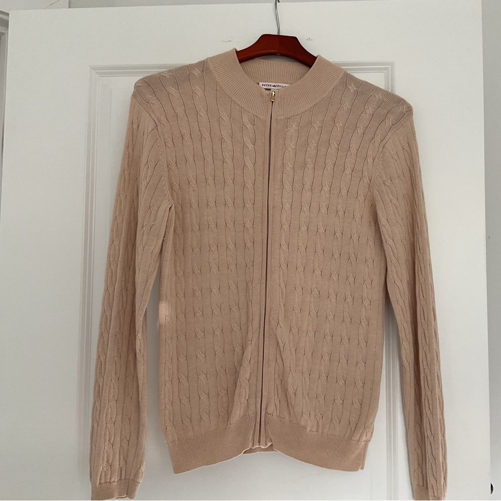 Peter Millar women cream silk blend cable knit med full zip cardigan